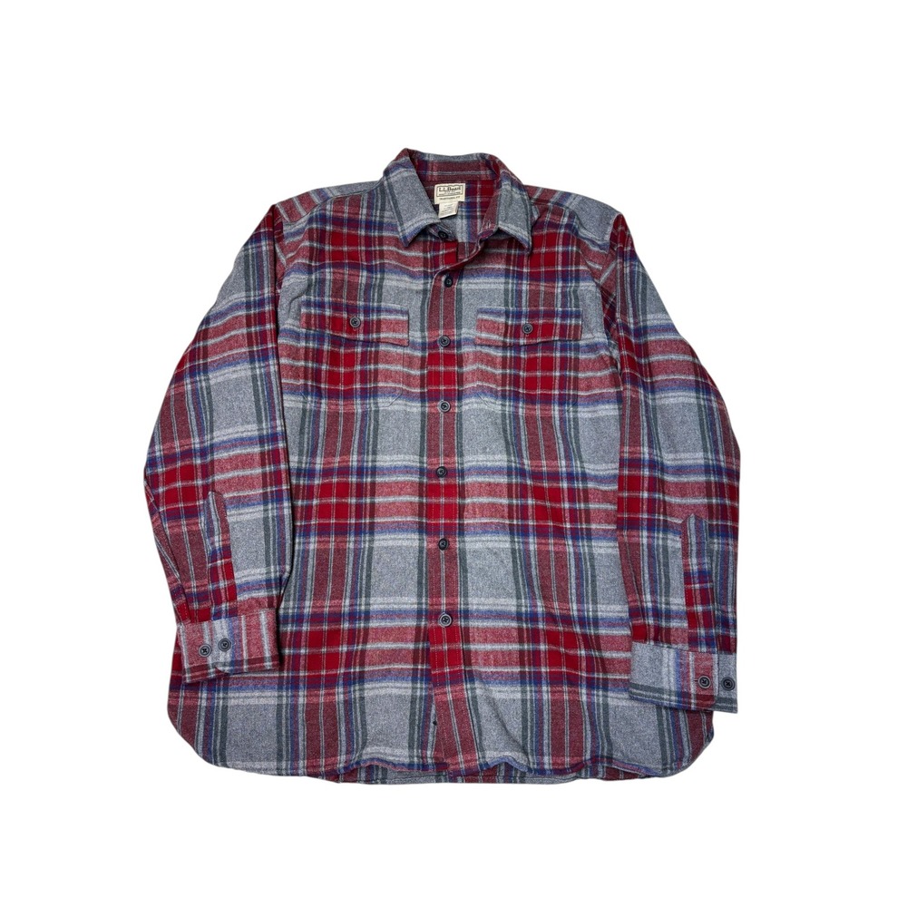 LL Bean Mens Traditional Fit Plaid Flannel Shirt Red Gray Blue L Regular‎ Thick